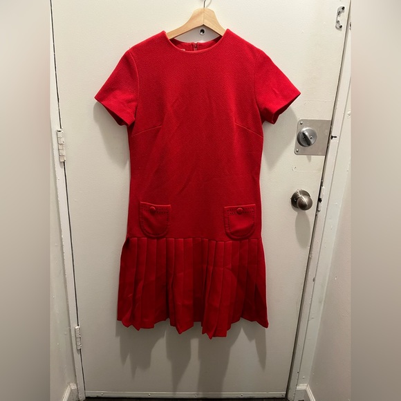 Vtg 60s Pleated Drop Waist Dress Red Pink Sz S/M - Picture 2 of 8